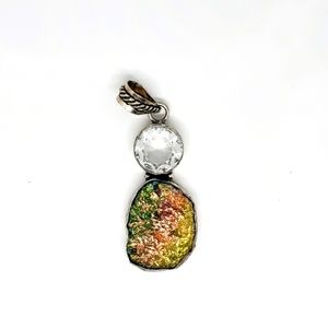Rainbow Druzy & Clear Quartz Pendant in 925 Silver